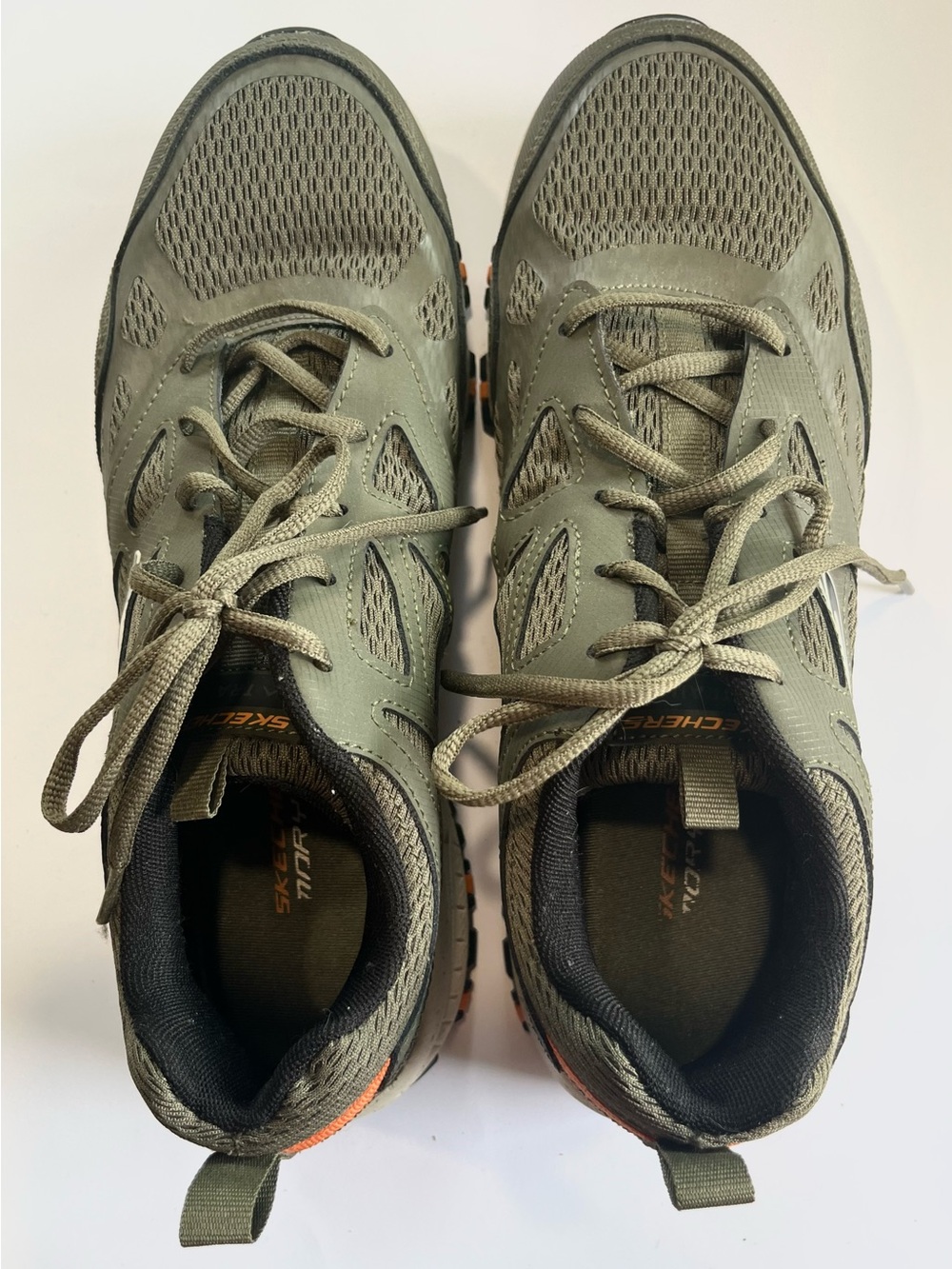 Skechers Men’s Olive Green Mesh Athletic Sneakers with Orange Highlights